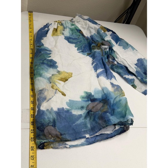 Habitat Top Womens Medium Blue White Watercolor Linen Blend Peasant Abstract Art - Picture 10 of 10